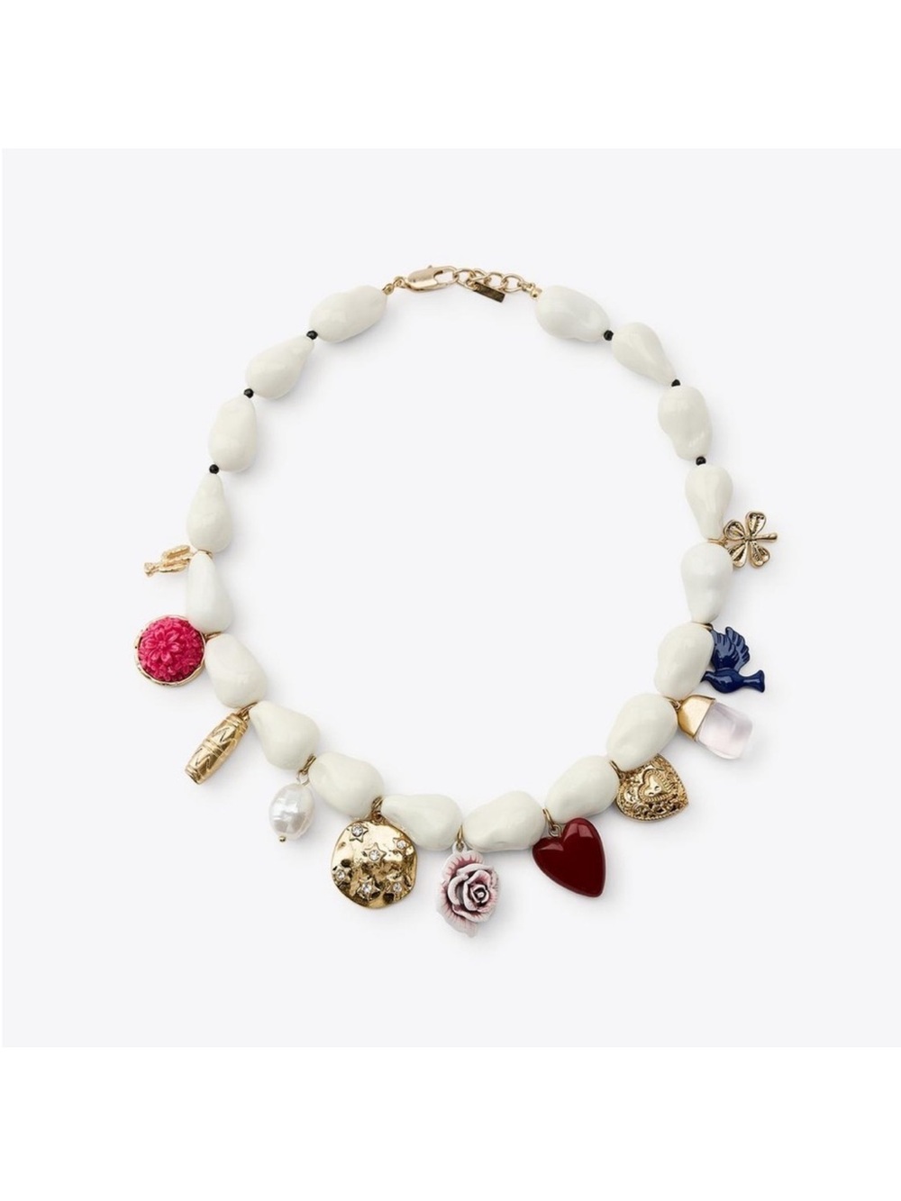 Zara White Beaded Charm Necklace with Red Heart and Blue Bird
